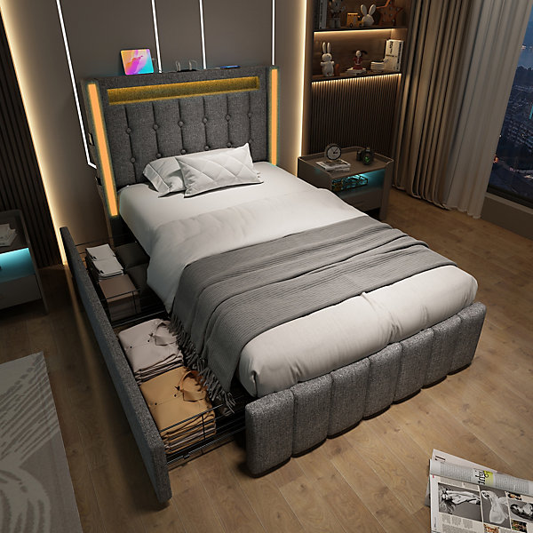 Lit Simple 90x200 cm - Lit Simple Capitonné Ado avec LED, USB C et 2 Tiroirs de Rangement, Lin Gris, Matelas Inclus