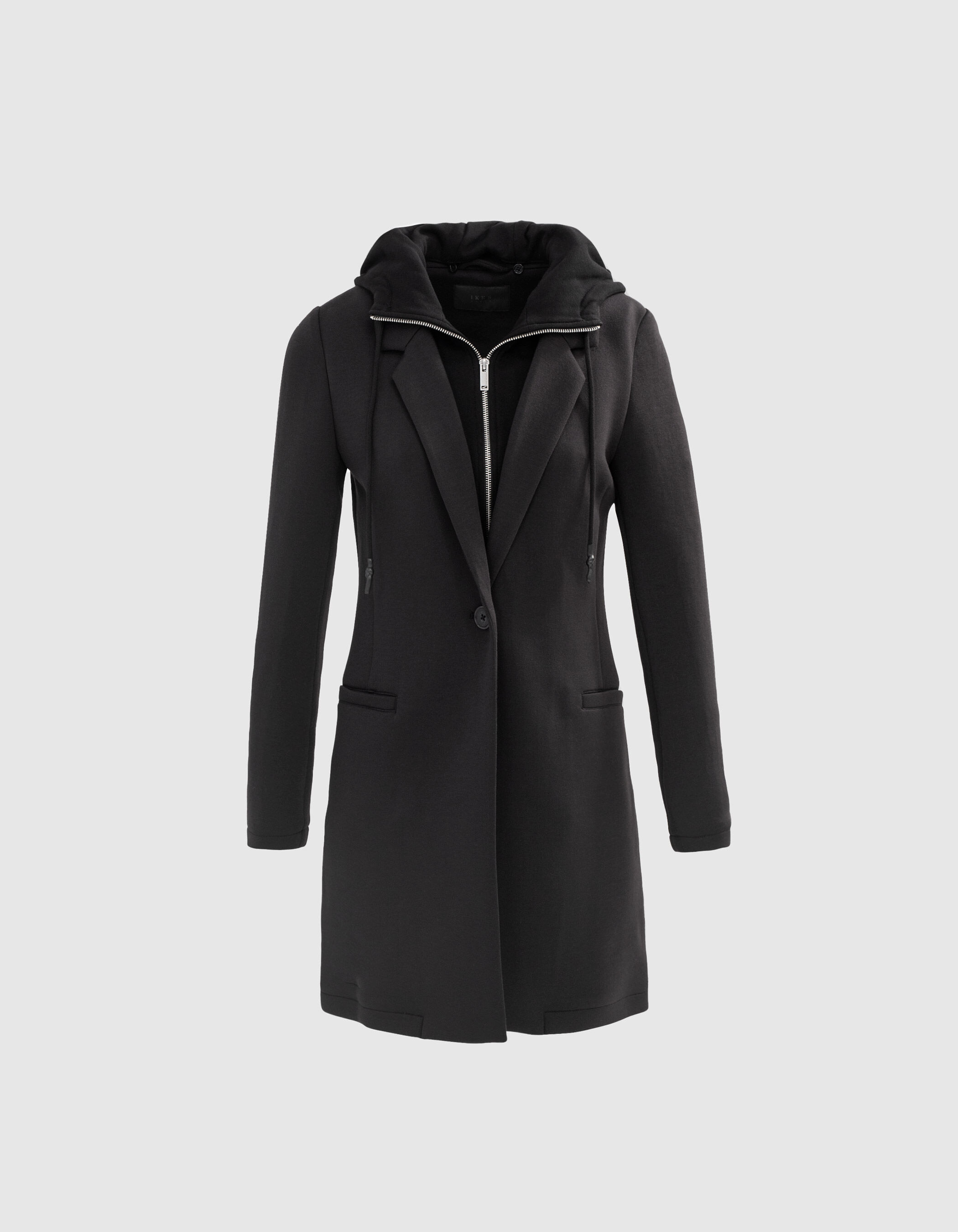 Manteau noir néoprène capuche amovible Femme