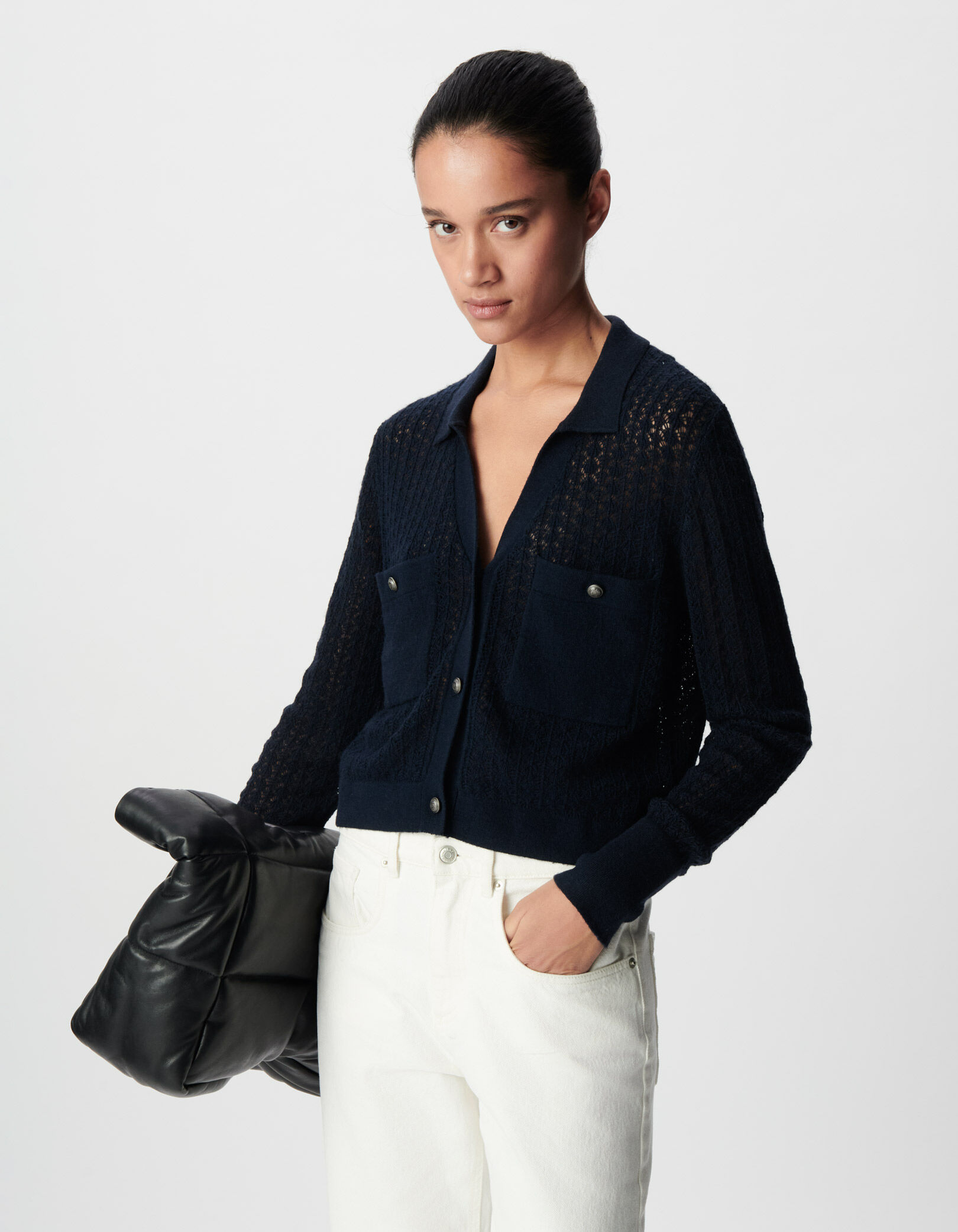 Cardigan court marine tricot fantaisie ajouré Femme