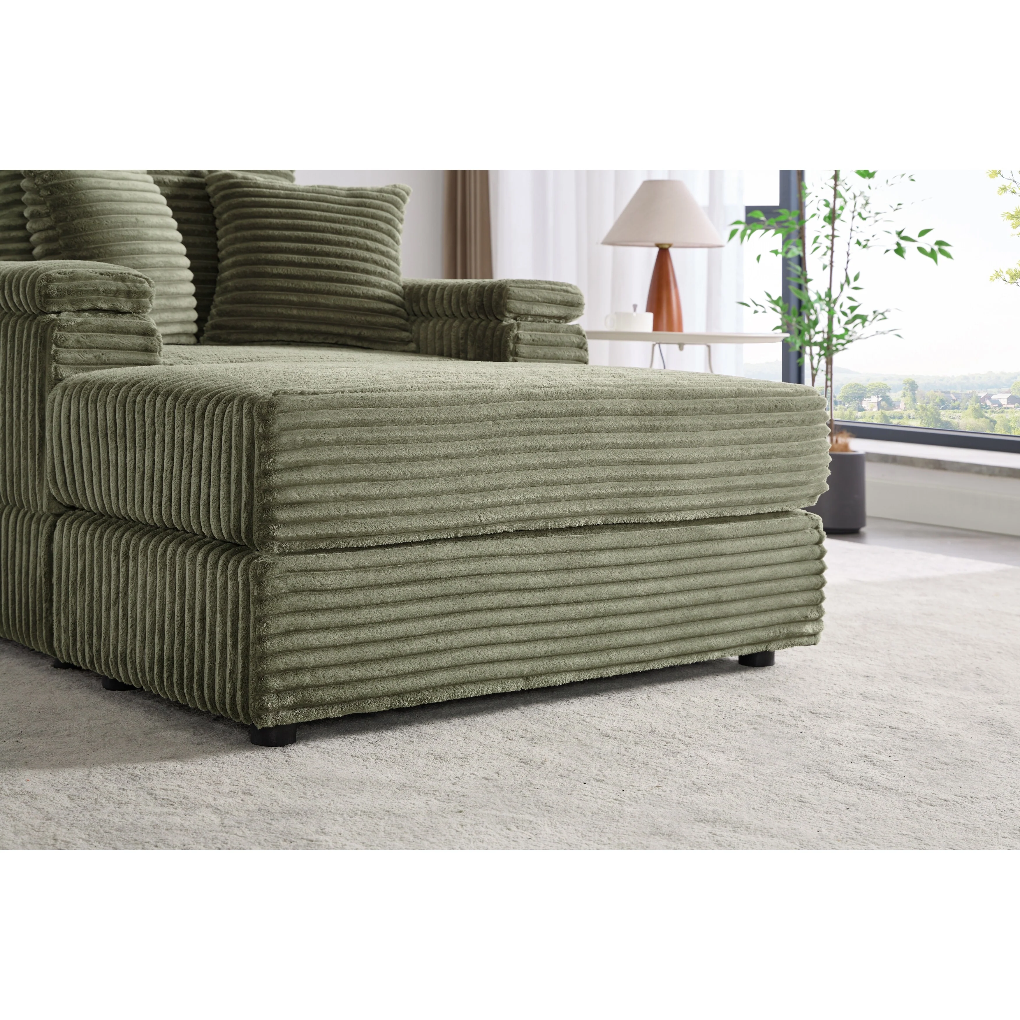 Green 42.52 Corduroy Single Deep Seat Sofa with Removable Ottoman, Storage Armrest, 2 Toss Pillows