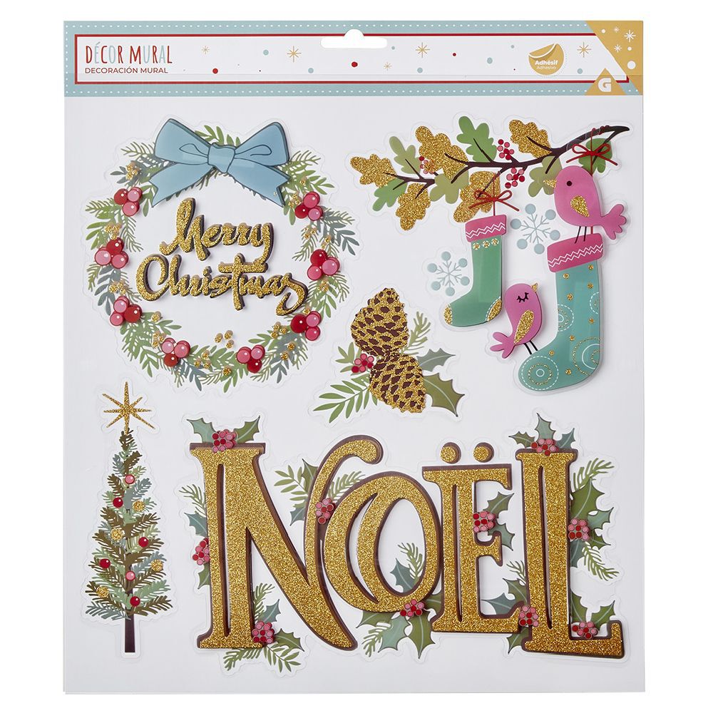 Décoration de No&euml;l stickers muraux multicolores en relief (2 modèles)