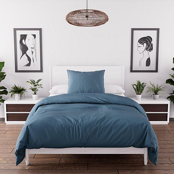 Ensemble couette et parure 5 Pièces BOHEME bleu canard pour lit en 90x190 cm, par Soleil d'ocre