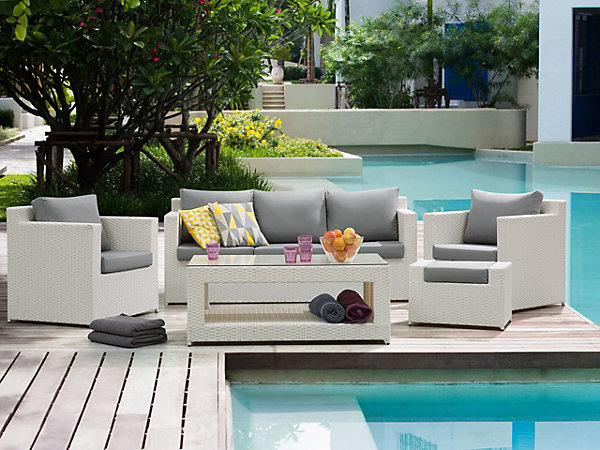 Ensemble de salon de jardin avec table et ottoman 6 places ROMA Polyrotin Blanc