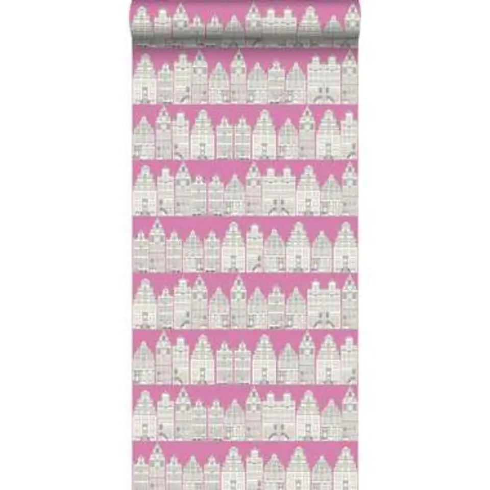 ESTAhome behang - Amsterdamse huizen - roze - 53 cm x 10,05 m