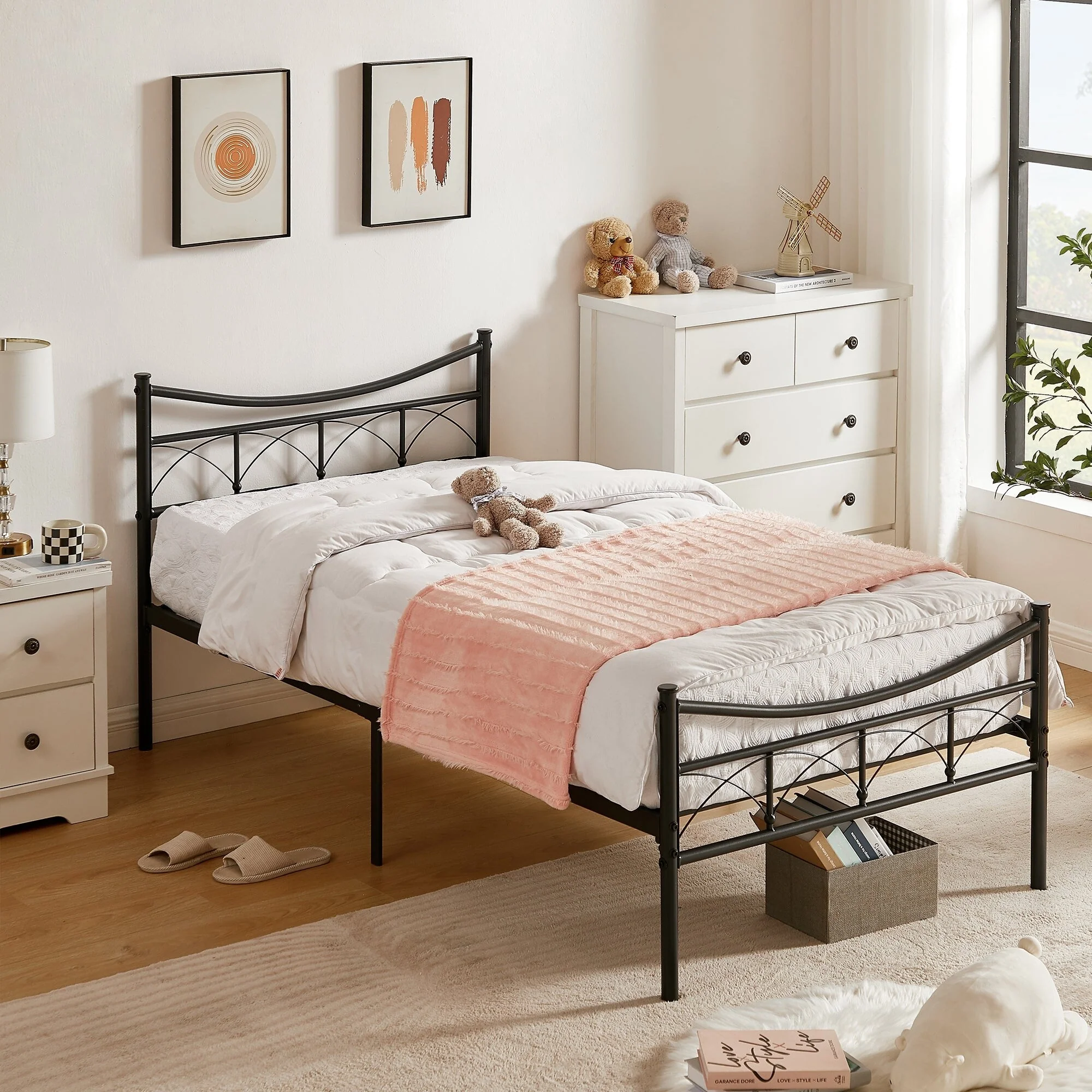 VECELO Metal Platform Kids Bed Frame with Headboard,Twin Size Bed Set of 2