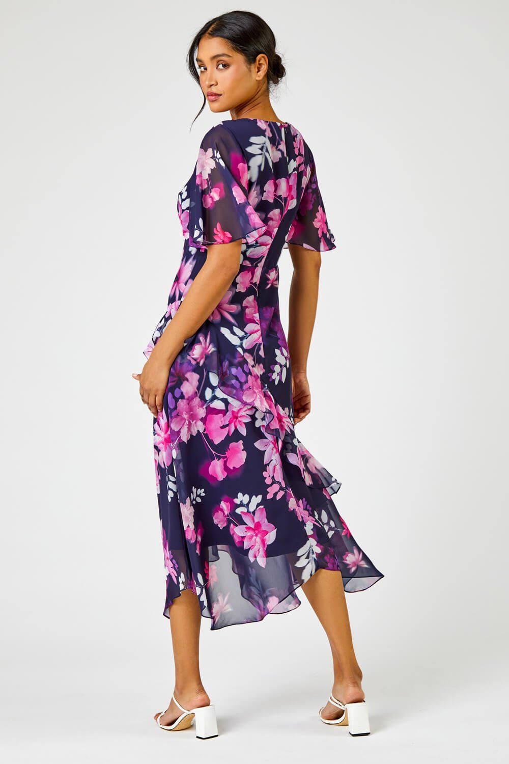 Roman Floral Chiffon Frill Asymmetric Midi Dress