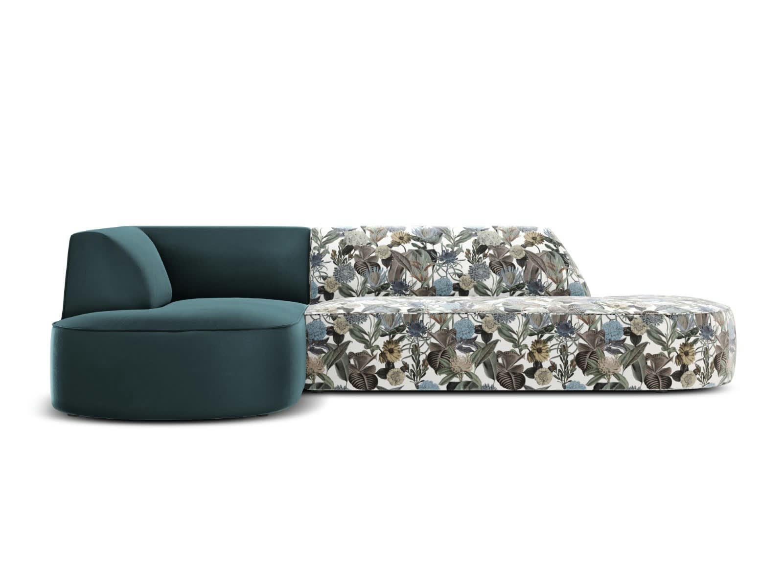 CHARLES - Canapé D'Angle Gauche 4 places en Velours Motif de Jardin Bleu Clair