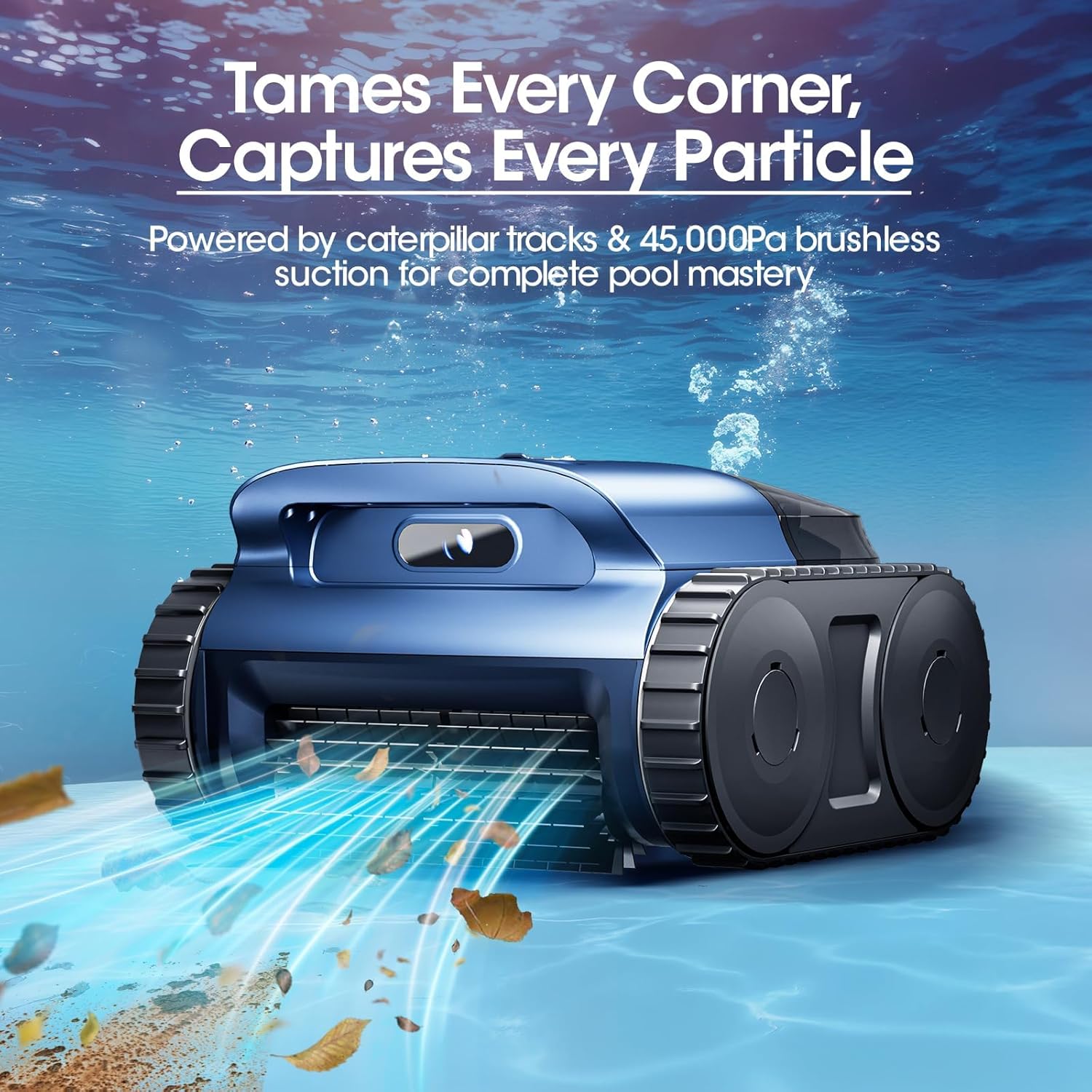 Cordless Robotic Pool Vacuum  Pool Cleaner with Track Drive & Sonar Navigation  180W Brushless Motor  Wall & Waterline Climbing  150-Min Runtime  for Inground Above-Ground 2150 Sq. Ft. (Dark Blue)