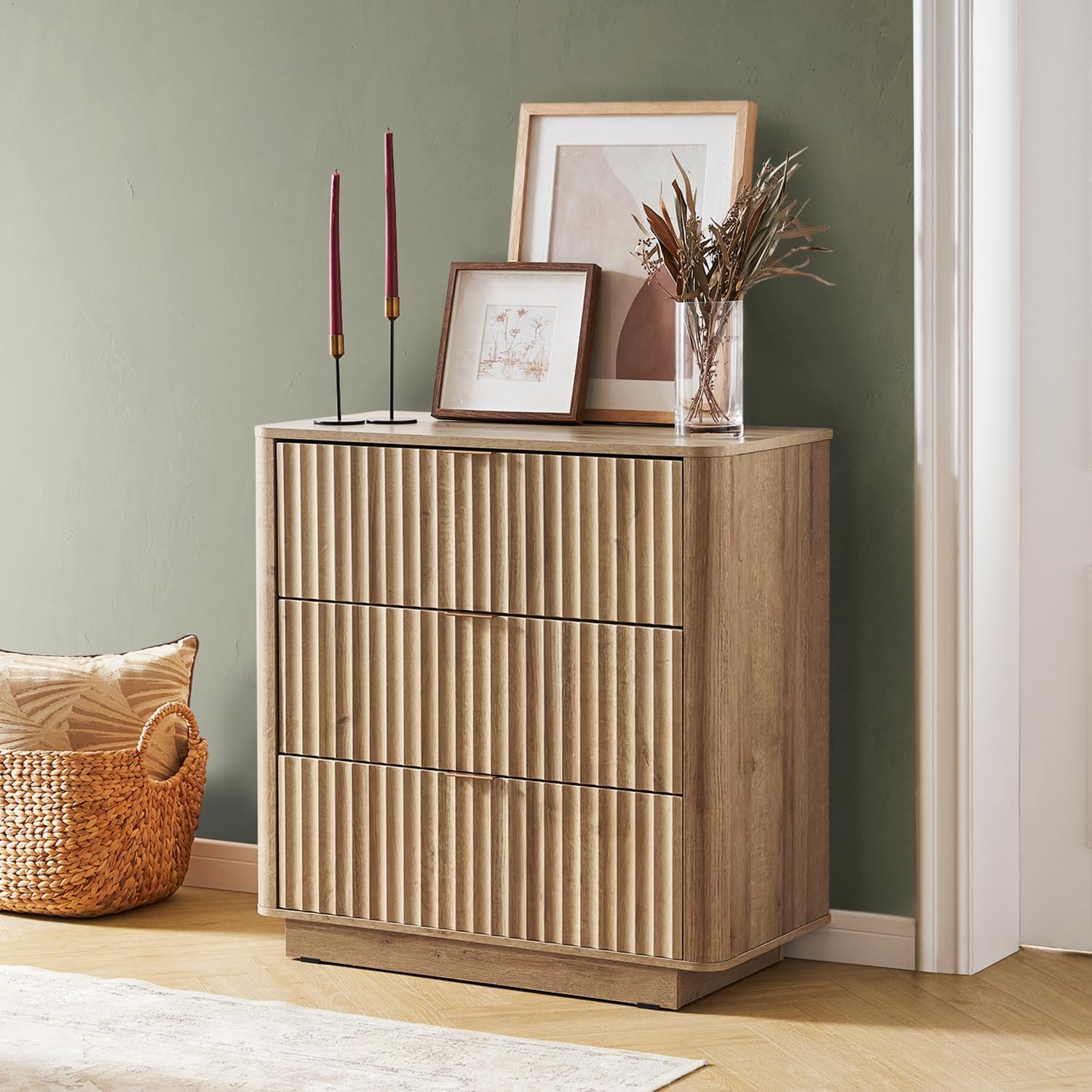 mopio Brooklyn 3 Drawer Dresser for Bedroom, Chest of Drawers, Wood Fluted Dresser Organizer, Modern Farmhouse, Tall Night Stand, Enhanced Safety, Sturdy Compliant (Oak)