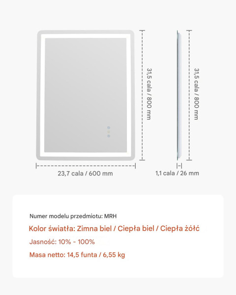Lustro LED do Łazienki 60x80 cm z Podświetleniem i Funkcją Anti-Fog
