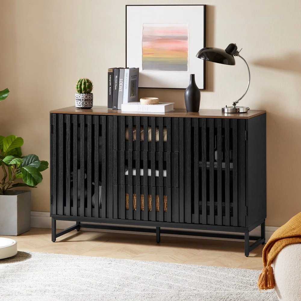 47.3 Horizontal Dresser with 3 Drawer and 2 Doors, Slatted Grille Striped Design and Hollow Caving
