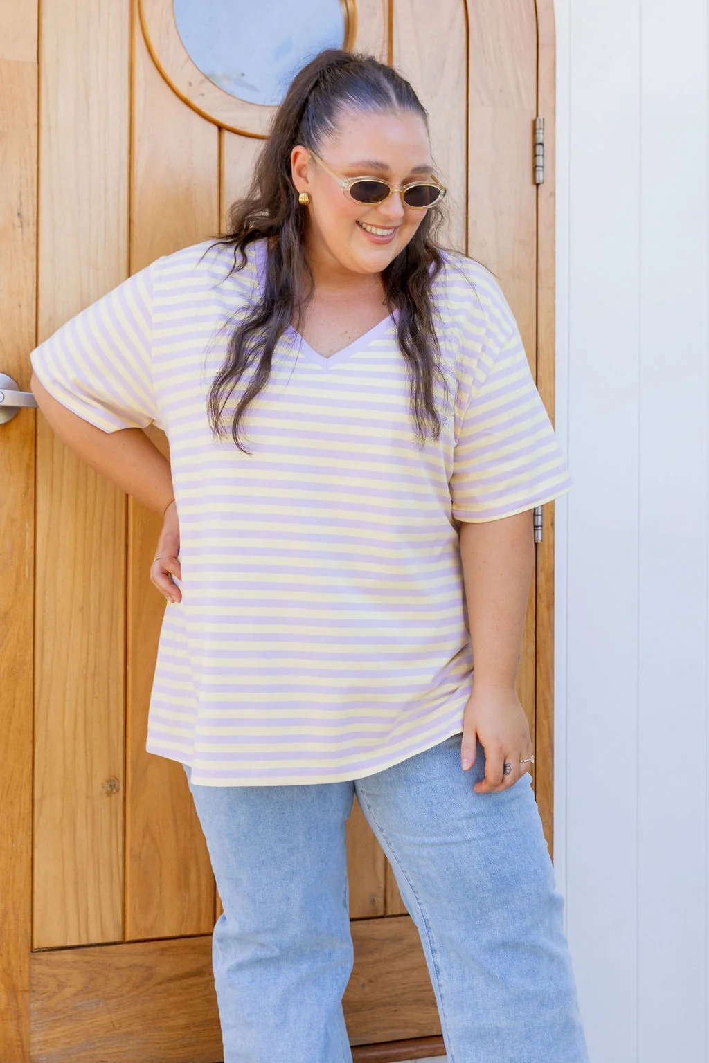 Striped V-Neck Tee in Lemon/Lilac