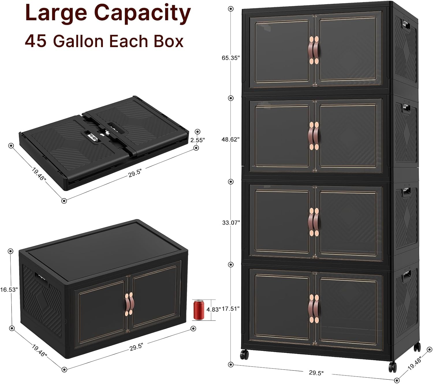 UAMFURI Stackable Storage Bins with Lids, 720QT Lockable Storage Cabinet, Foldable Storage Box with Doors and Wheels, Plastic Drawers for Home, Garage, Office (4, Black, Extra Large)