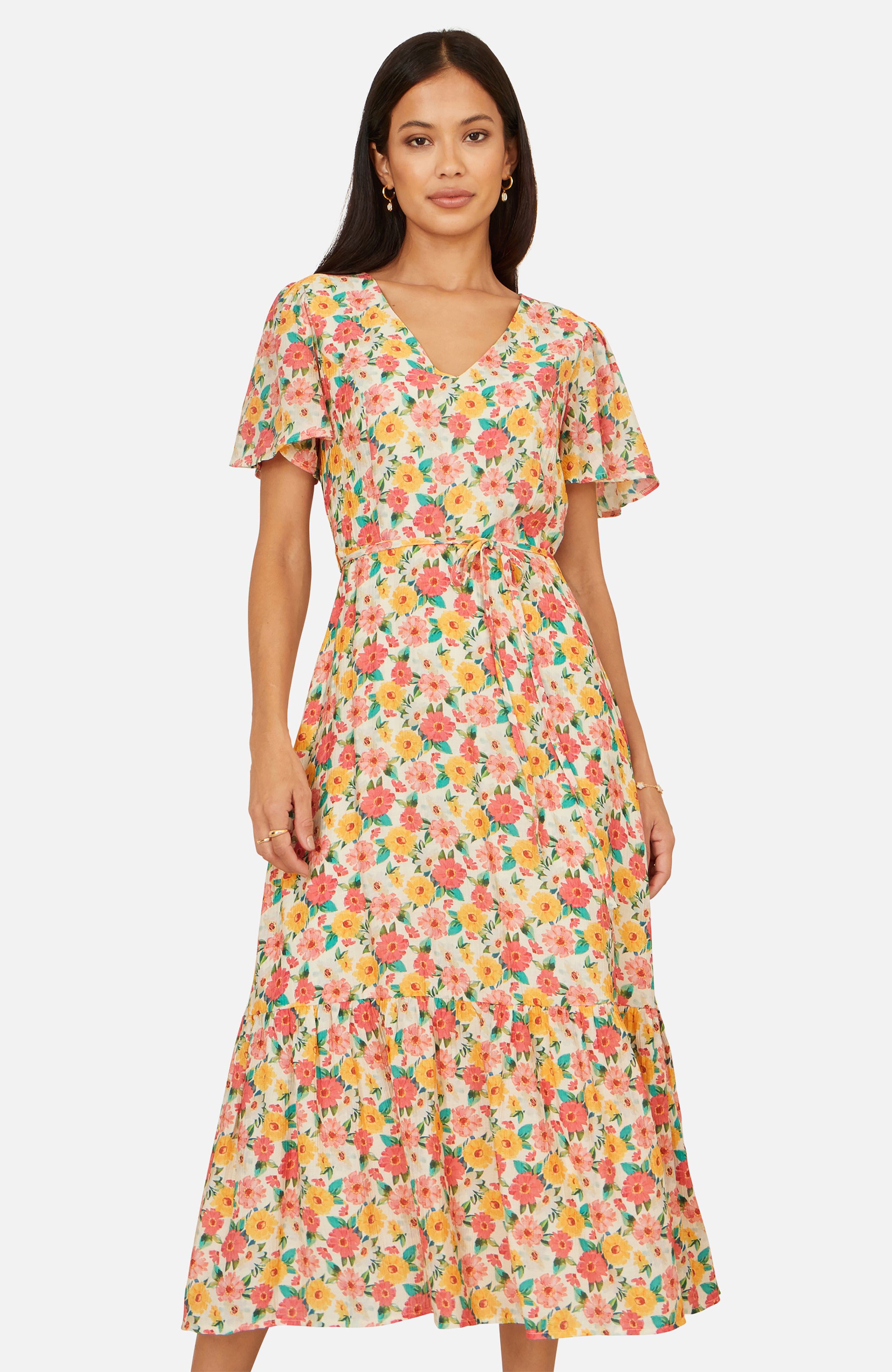 Yumi Multicolour Midi Tea Dress With Angel Sleeves