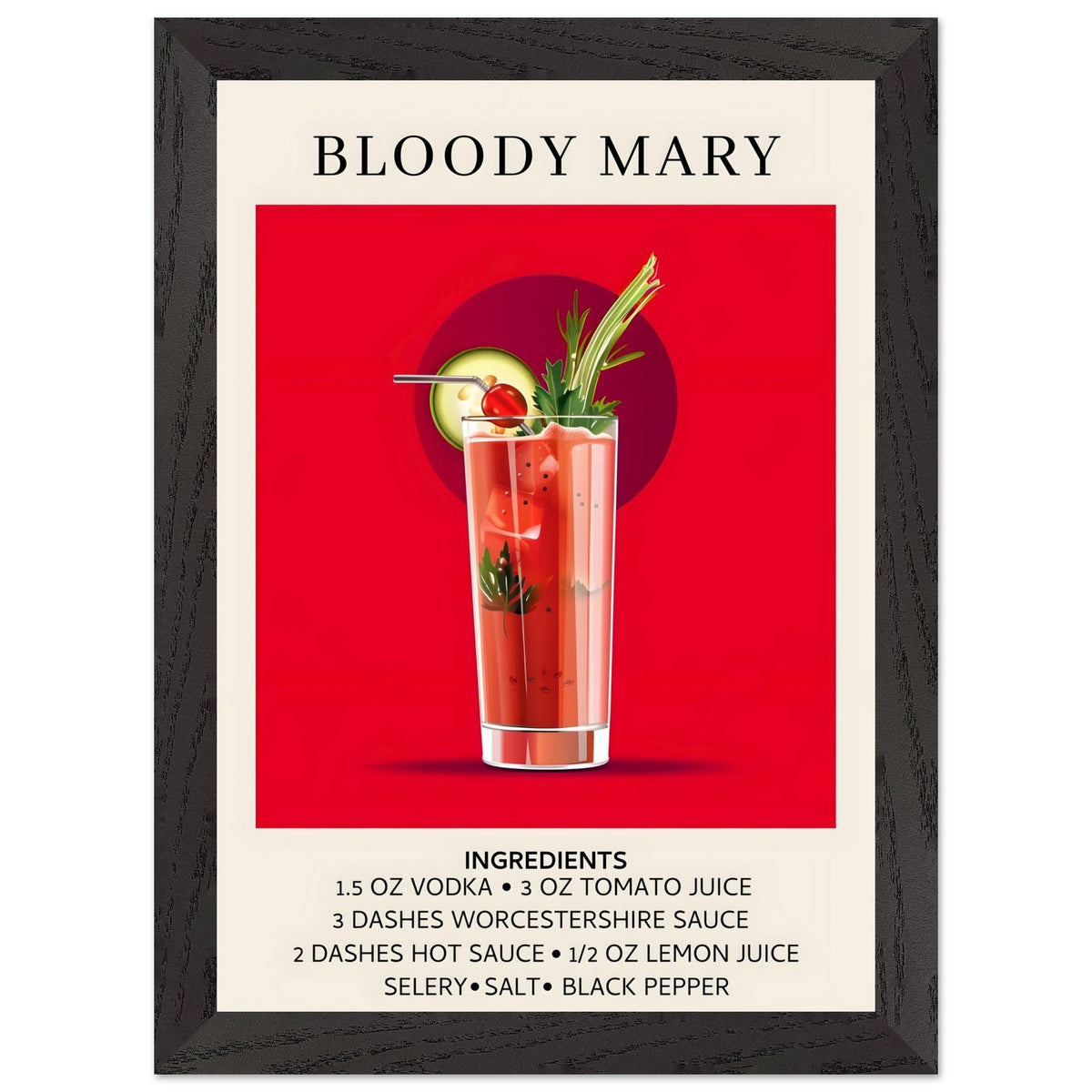 Artfulprints Poster met Lijst Bloody Mary cocktail - Ingrediënten  - A4 21x29.7 cm - Rood