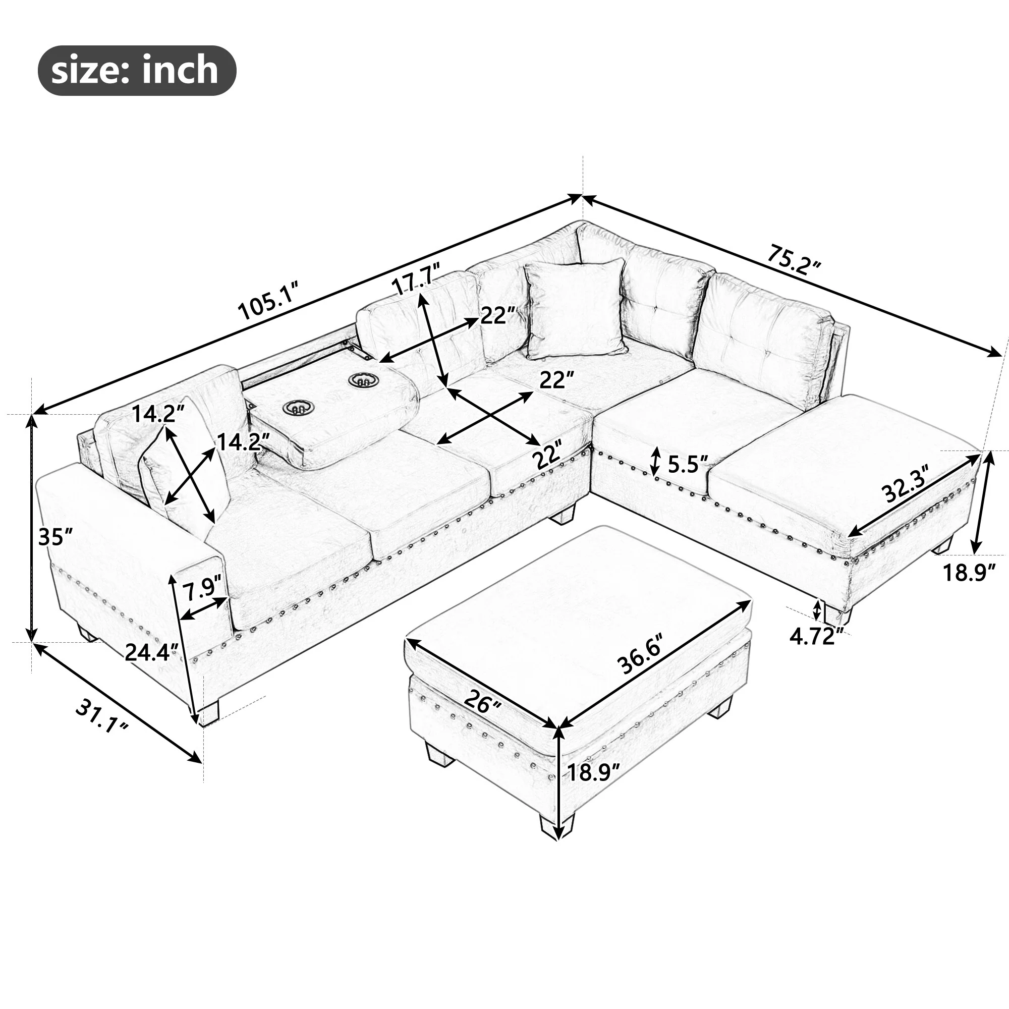 105 Modern Sectional Sofa with Storage Ottoman, L-Shape Couch with 2 Pillows, Sectional Sofa with Reversible Chaise