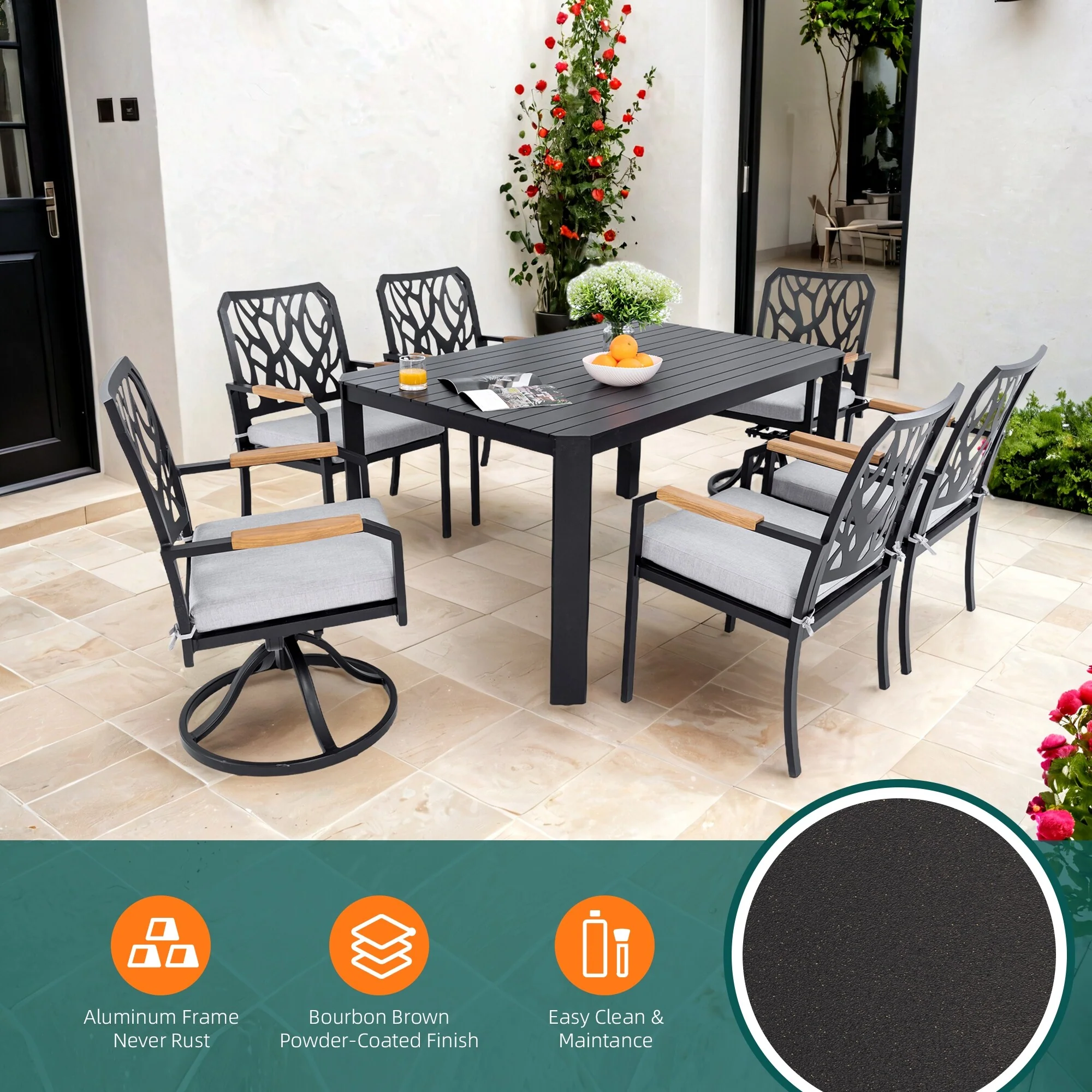 7-PC Outdoor Patio Aluminum Furniture Set, with 4 Dining Chairs & 2 Swivel Rockers Sunbrella Fabric Cushioned, Nature-In