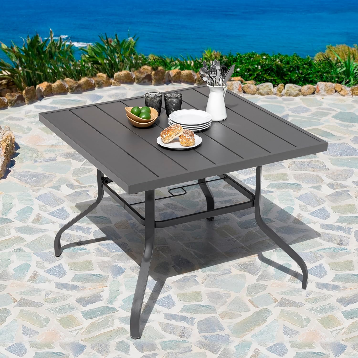 NUU GARDEN 37 Outdoor Patio Table, Square Steel Slat Dining Table for 4 with 1.57 Umbrella Hole, Powder-Coated Iron Frame and Slatted Top for Patio, Garden and Balcony, Gray