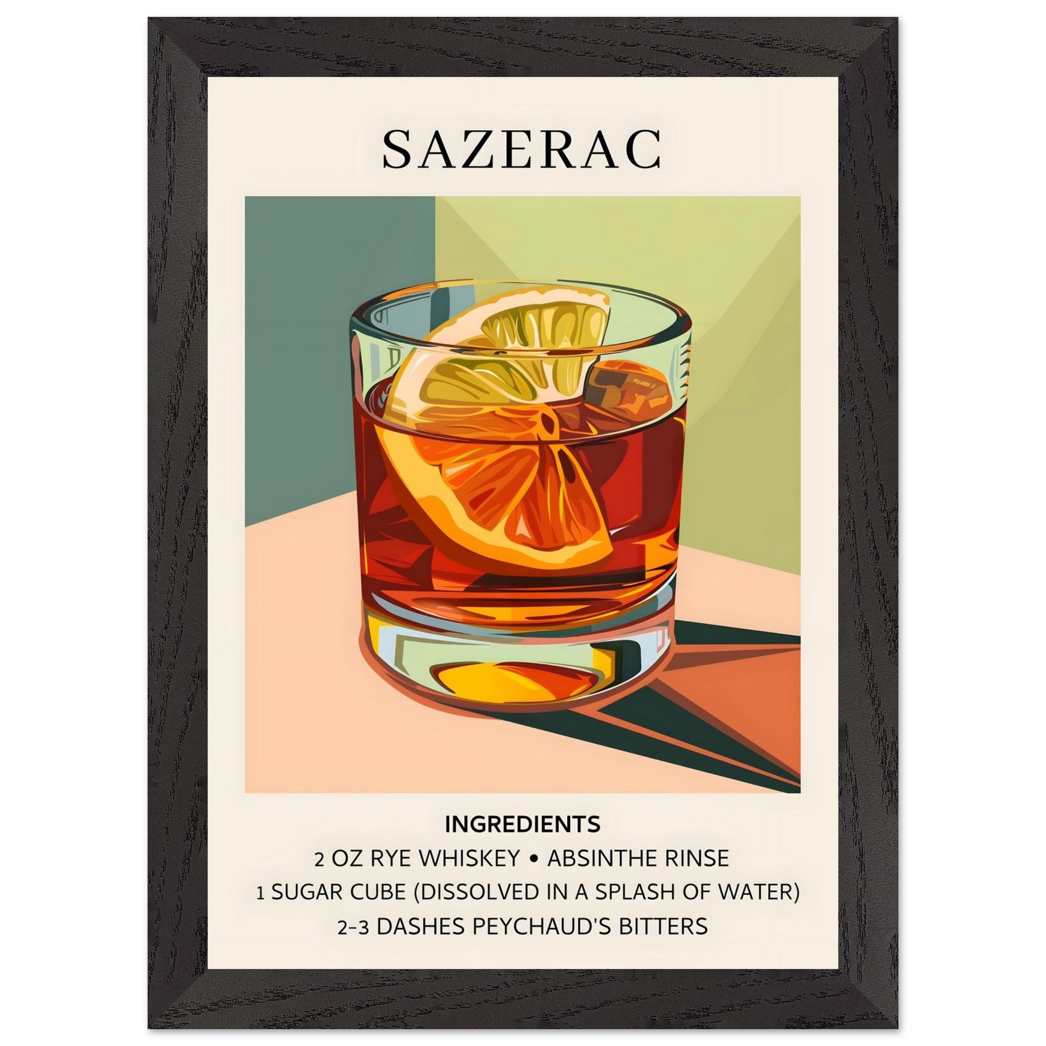 Artfulprints Poster met Lijst Sazerac cocktail - Ingrediënten  - A4 21x29.7 cm - Meerkleurig