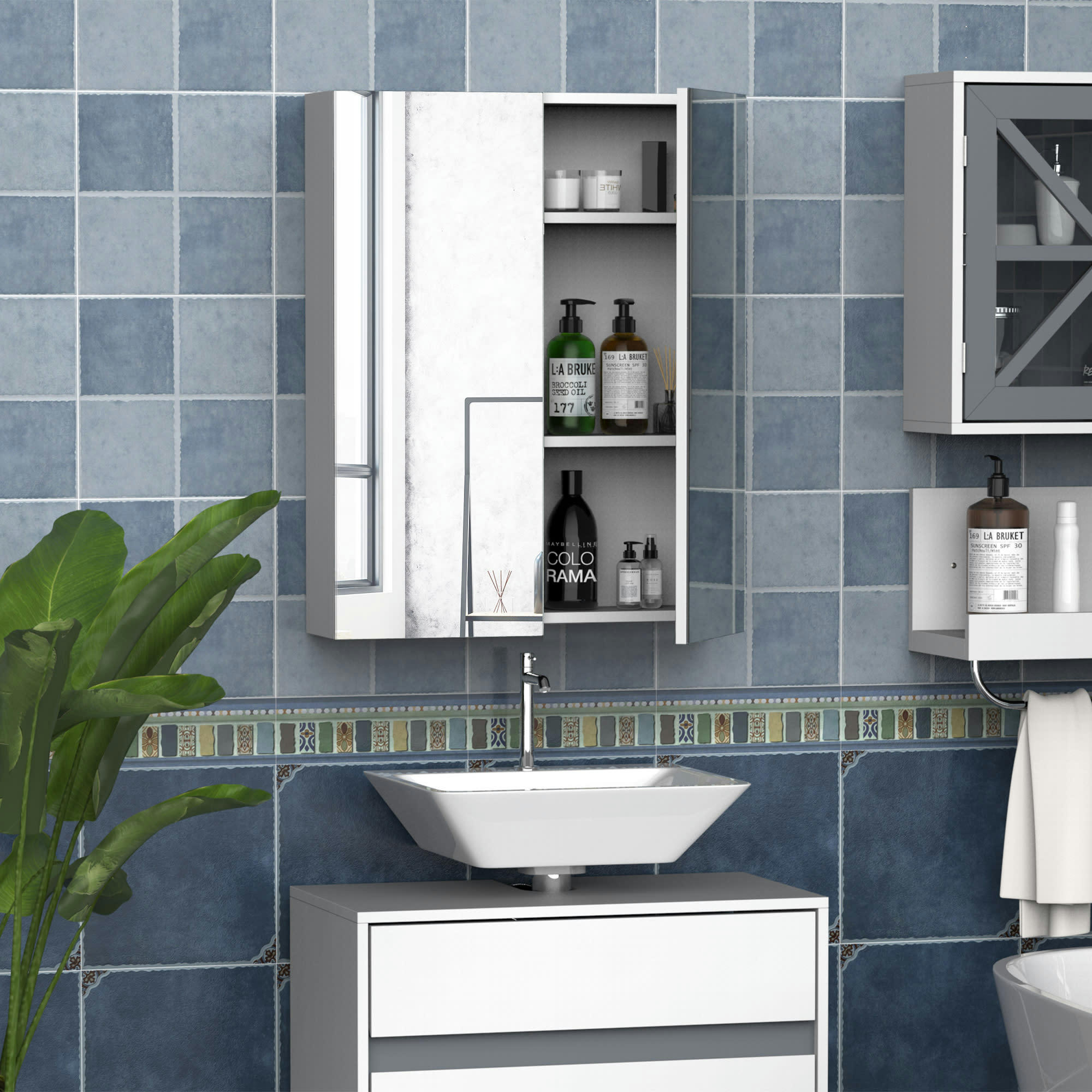 - Armoire miroir de salle de bain 2 portes étagères blanc