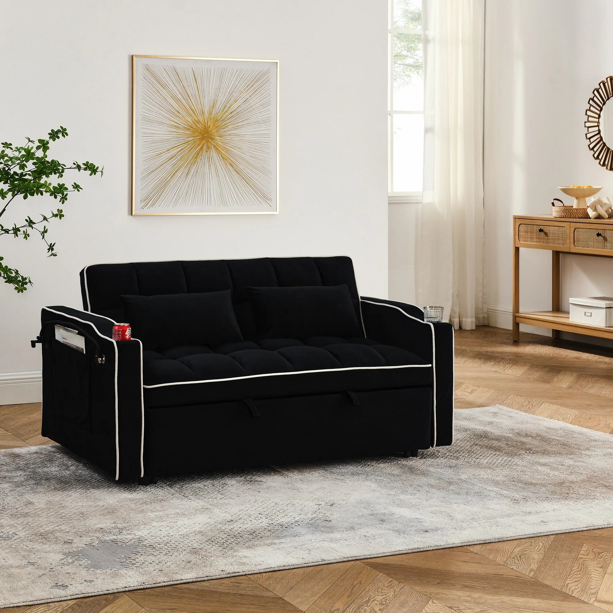 55.51 Velvet 2 Seater Sleeper Sofa with Adjustable Back, USB Port, Ashtray, Swivel Phone Stand, and 2 Pillows