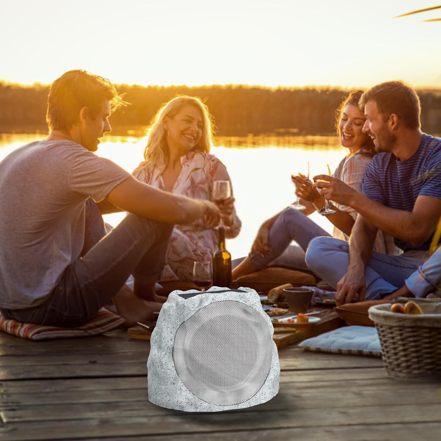 Outdoor Speakers Solar Powered & USB-C Rechargeable, Rock Speakers TWS Pairing Wireless Outdoor Speaker Bluetooth 5.4, LED Light Show, Waterproof, ideal for Backyard BBQ, Garden, Poolside (2-Pc,Grey)
