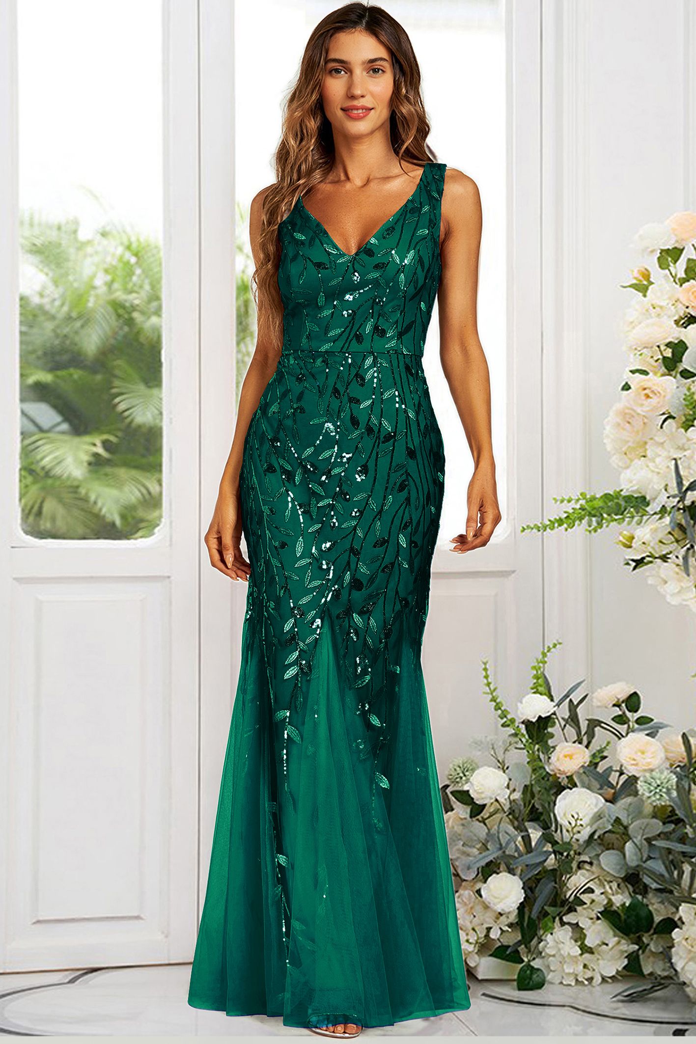 FS Collection Sequin Leaf Detailed V Neck Bridesmaid Maxi Dress In Green