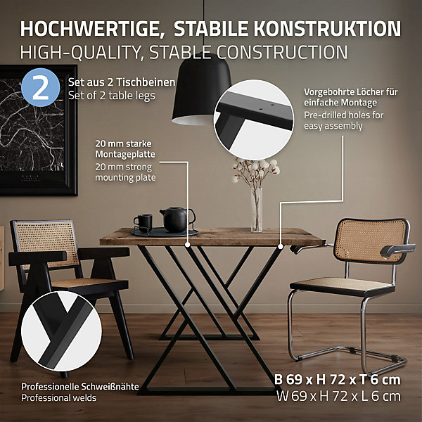 Lot de 2 pieds de table ML-Design forme de X 69x72 cm noir acier revêtu poudre design industriel