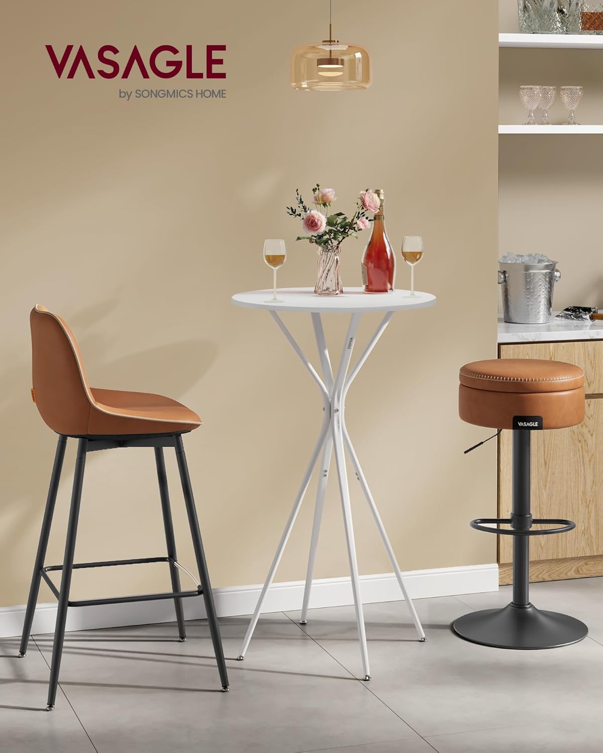 VASAGLE Bar Table, Round Cocktail High Top Pub Bistro Table for Party, Kitchen Dining, Home Bar, 23.6 x 23.6 x 41.3 Inches, Metal Frame, Modern Style, Easy to Assemble, Cloud White and Matte White