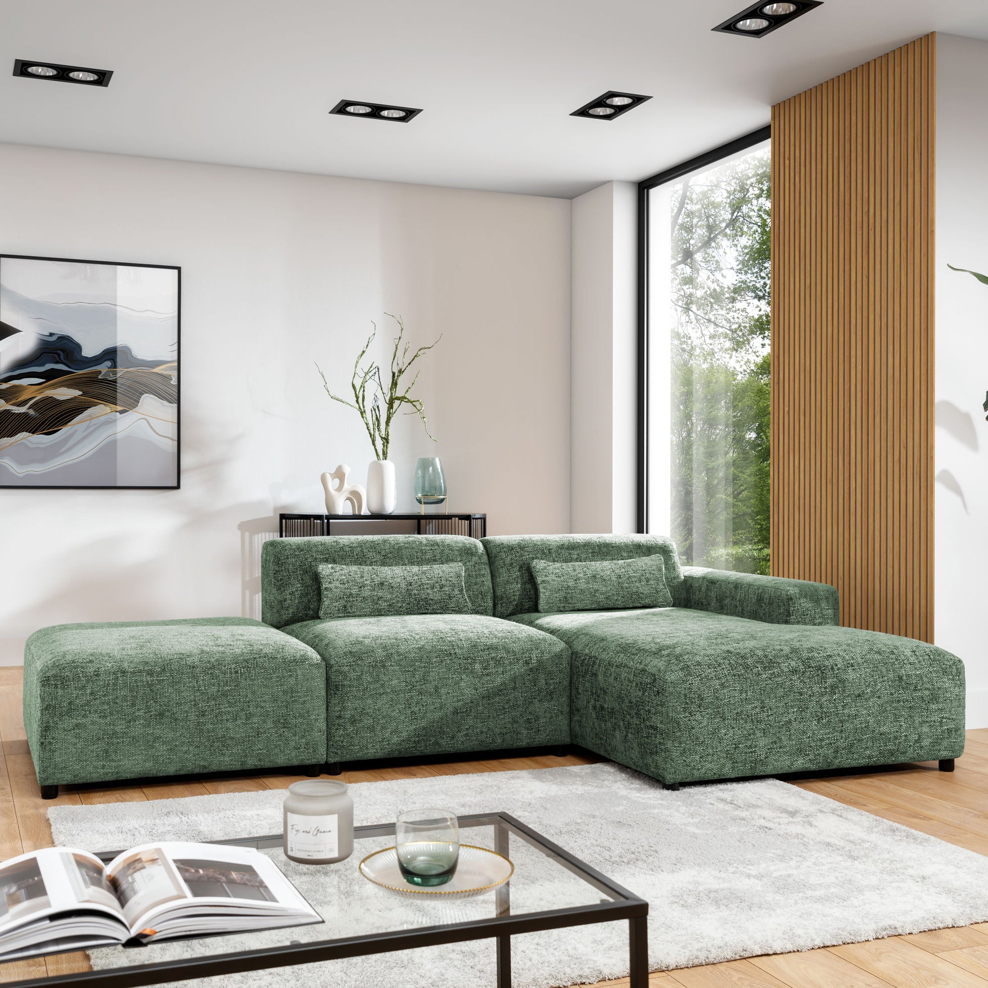 by fonQ Velura Hoekbank Rechts met Hocker - Chenille - Groen