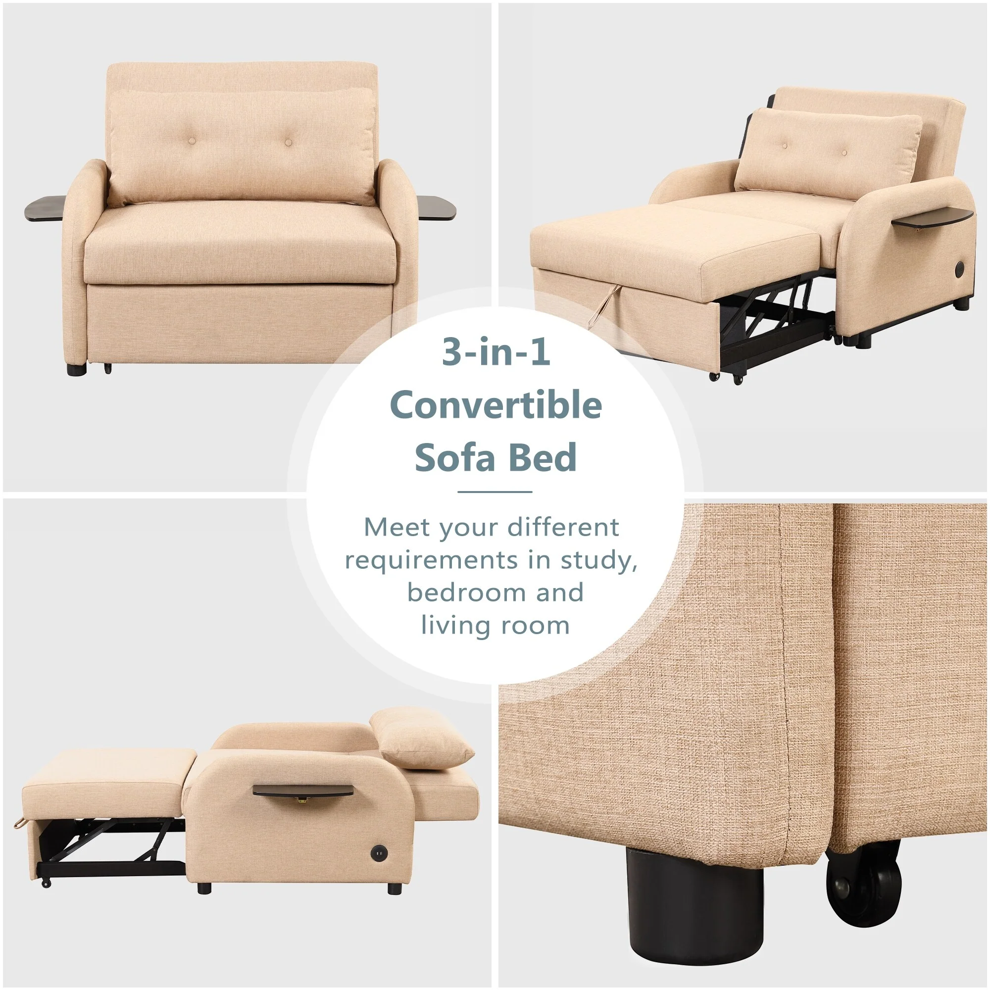 48.82-Seater Sleeper Sofa 3 in 1 with 2 Wing Table and USB Charge