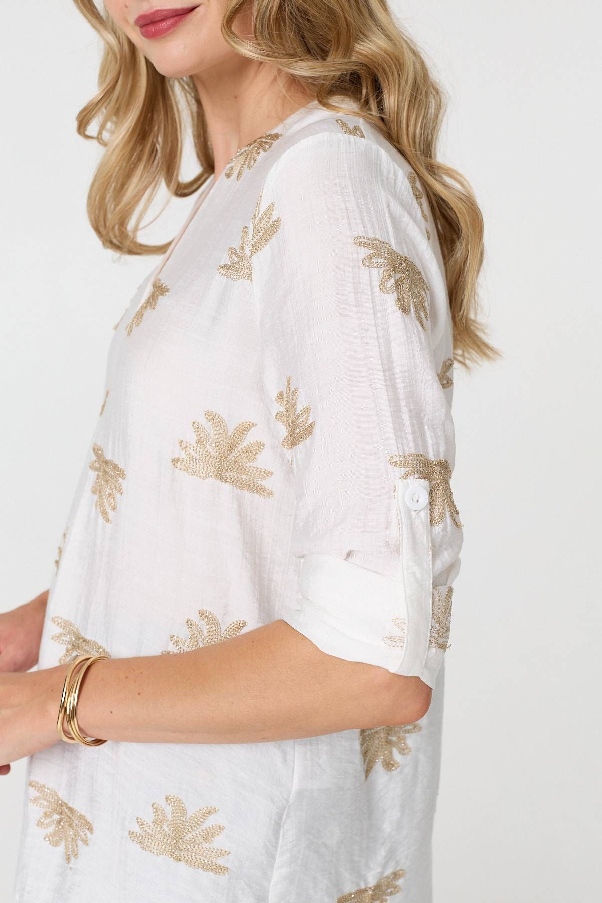 Izabel London Embroidered Pleat 3/4 Sleeve Blouse