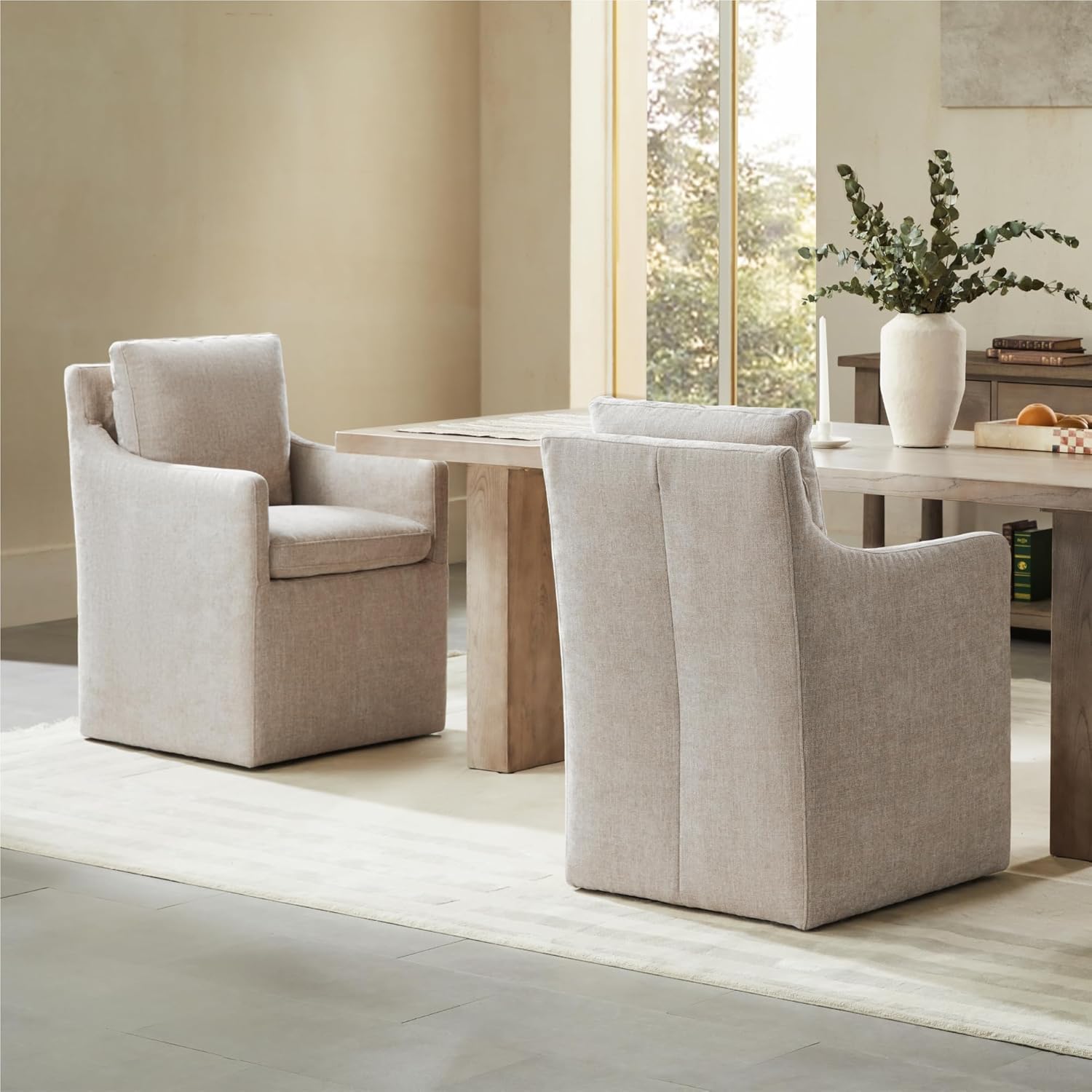 KISLOT Upholstered Dining Chairs with Casters, No Assembly Modern Accent Armchair with Rollers for Dining Room, Bedroom, Living Room, Reading Room, Already Assembled, White, 1 Box