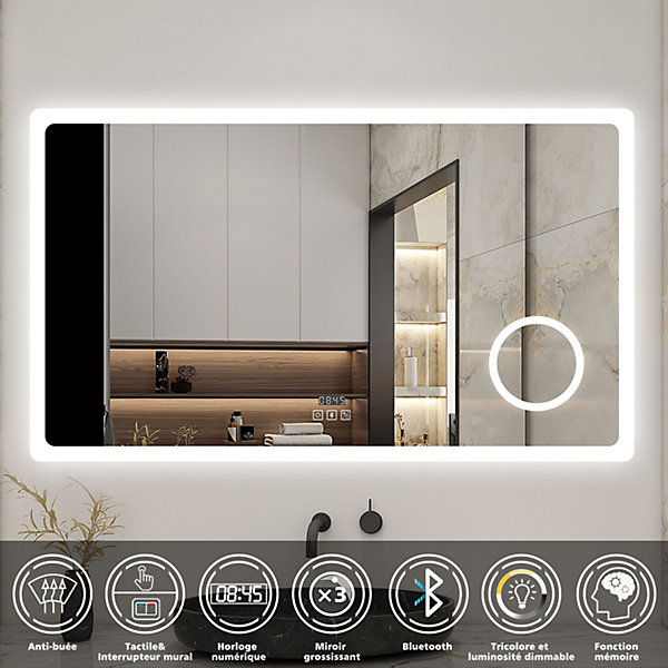 Miroir salle de bain bluetooth   loupe   horloge   tricolore   anti-buée 80x60cm dimmable,mémoire,tactile,led, AICA SANITAIRE