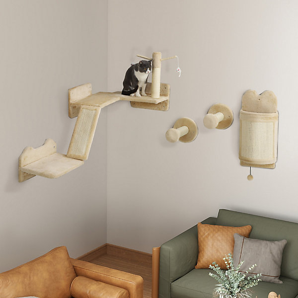 Mur d'escalade pour chat - arbre à chat design mural - griffoirs, grattoirs, jeux - sisal naturel peluche beige