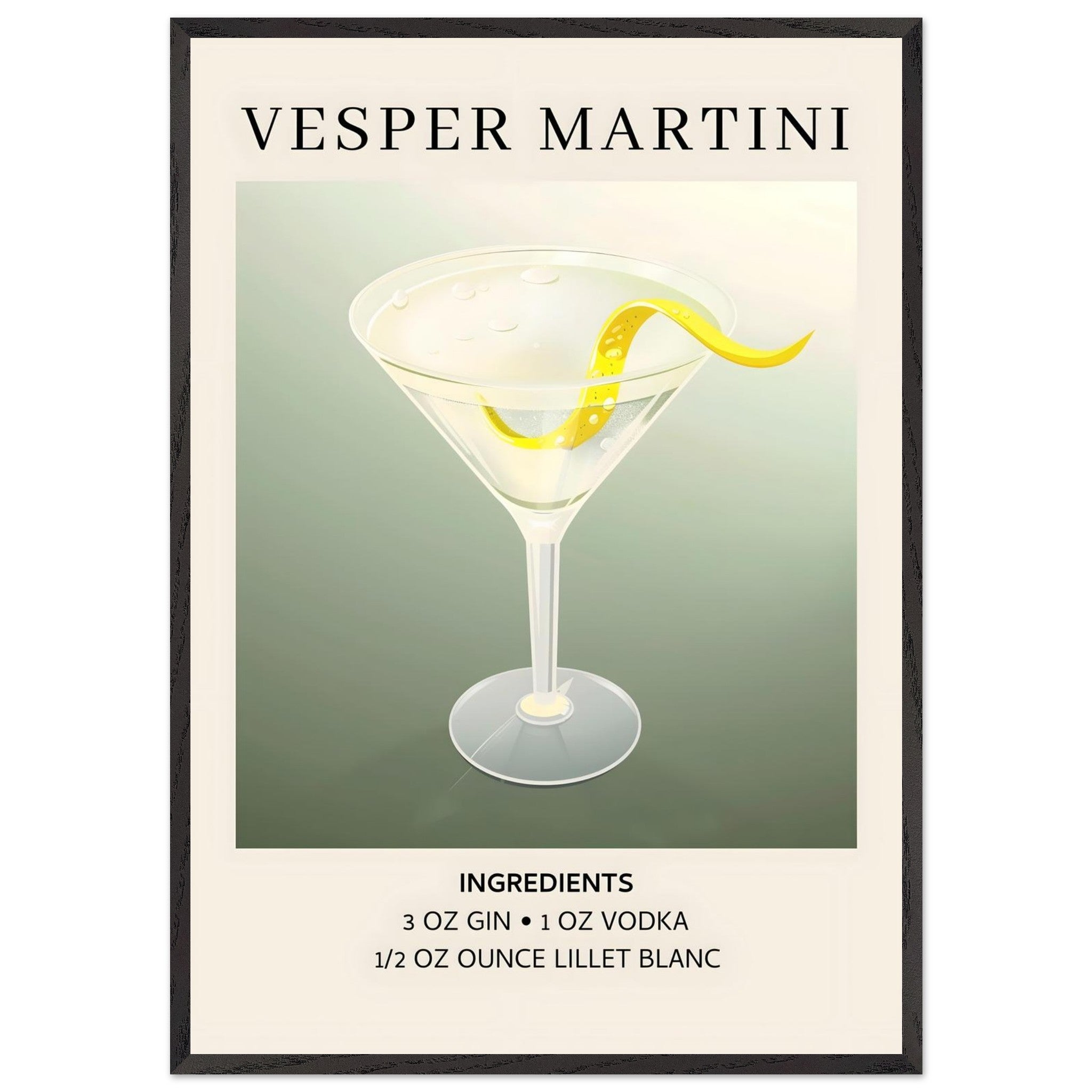 Artfulprints Poster met Lijst Vesper Martini cocktail - Ingrediënten  - 70x100 cm - Grijs