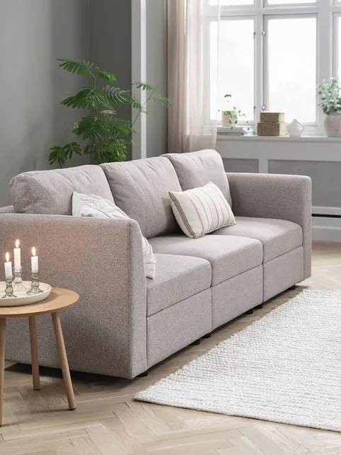 Modulsofa OKSBY 3-pers. m/opbevaringsplads sandfarvet stof