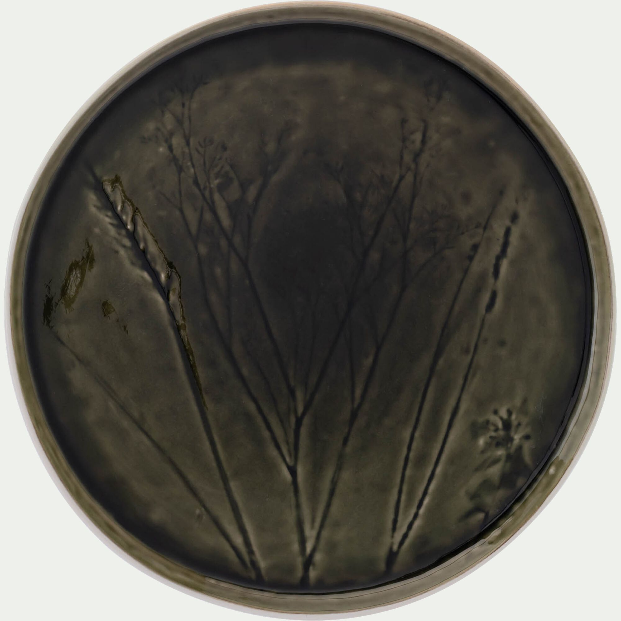 FLEOLE - Assiette plate impressions végétales en grès D26cm - vert avocado