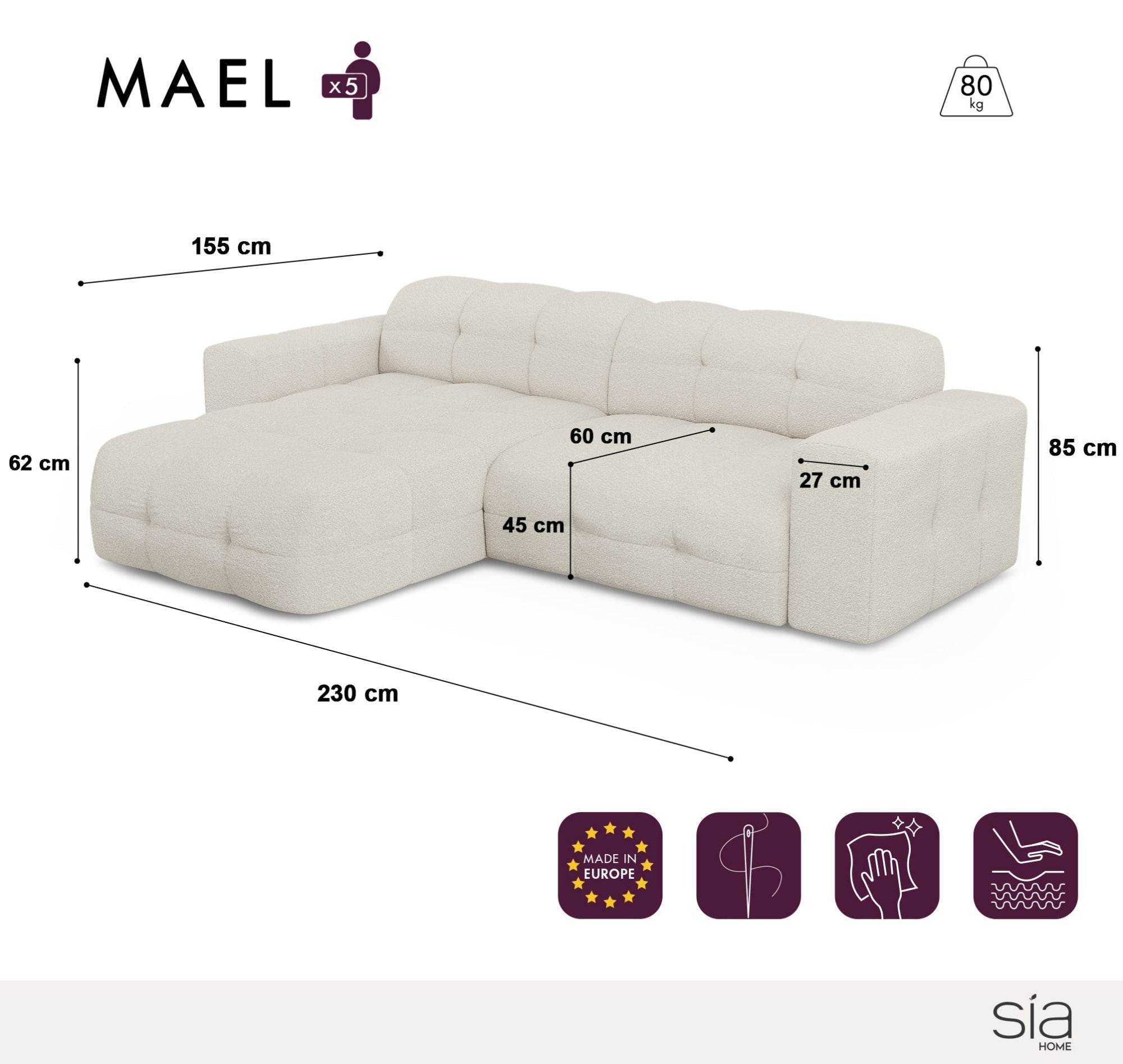 Hoekbanken links MAEL 5 personen Bouclette stof Grafiet grijs