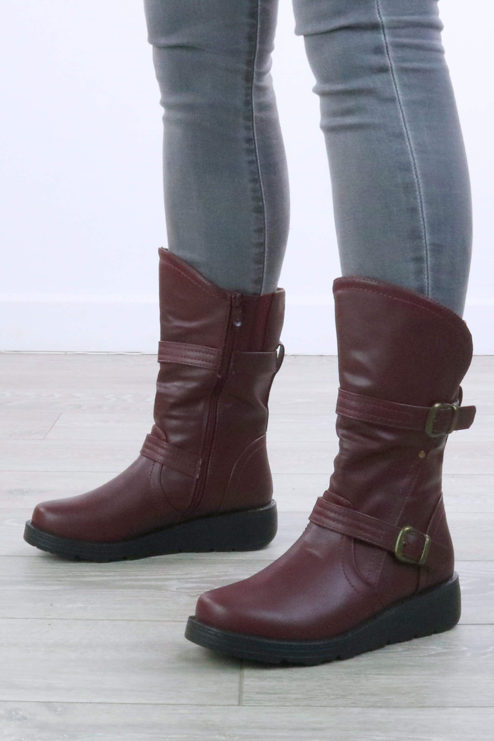 AJVANI Low Wedge Biker Comfort Calf Boots