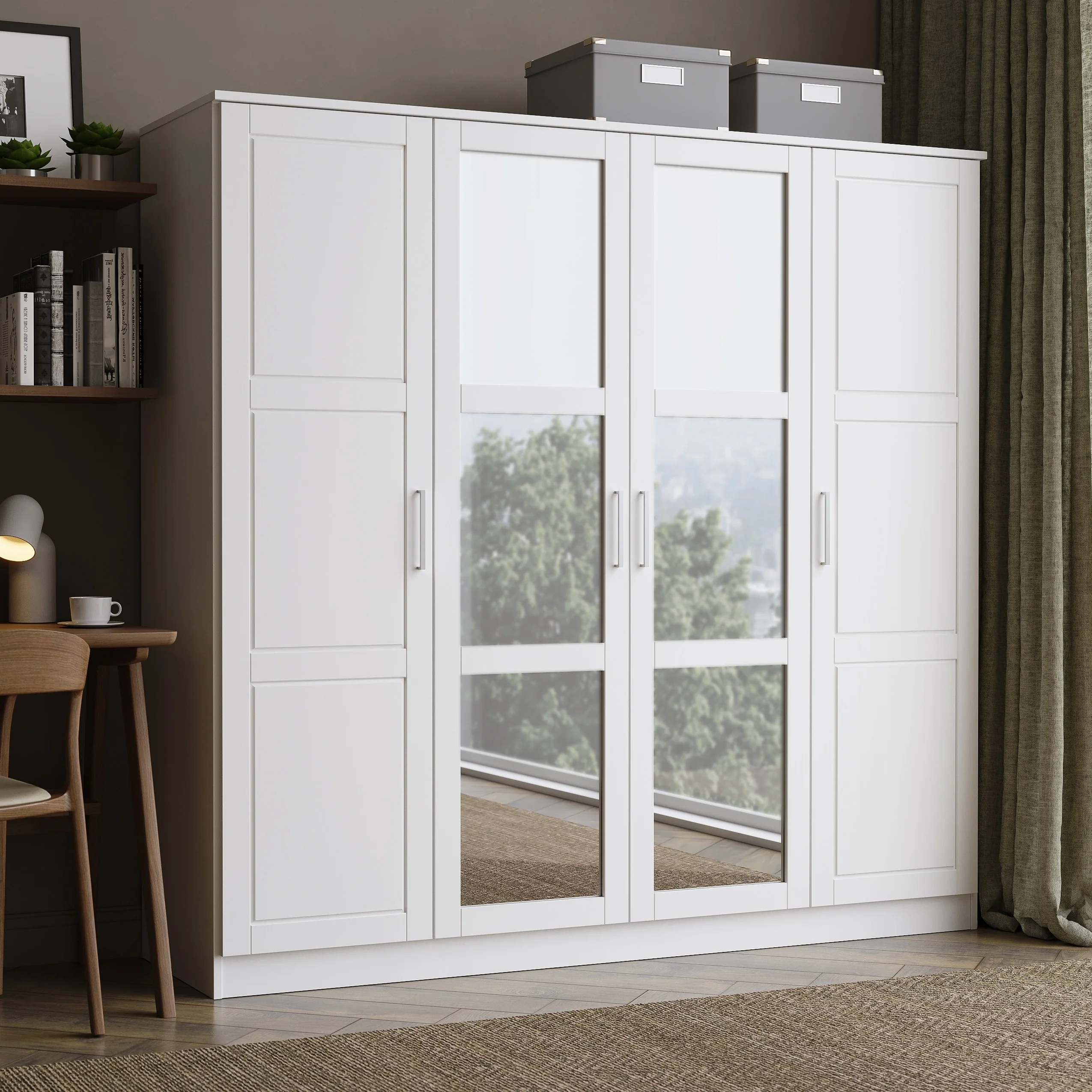 100% Solid Wood Cosmo 4-Door Wardrobe with Solid Wood or Mirrored Doors by Palace Imports