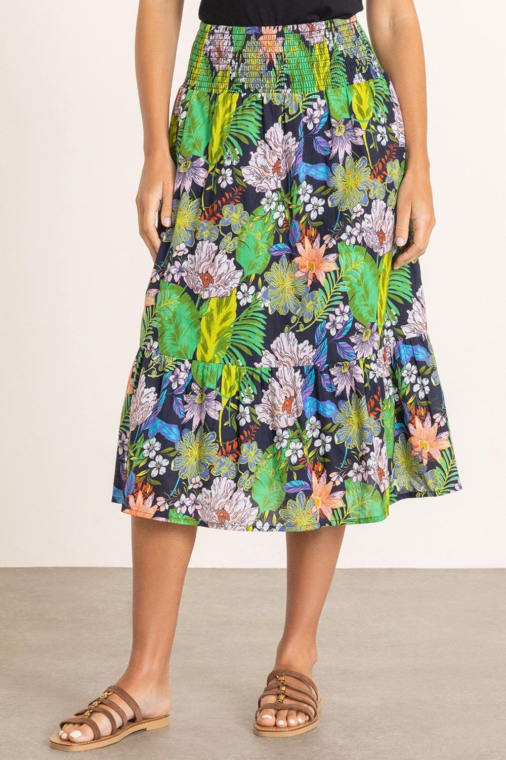 Klass. Garden Print Smocked Waist Cotton Skirt