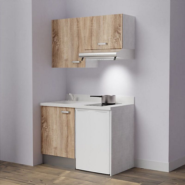 Kitchenette K01 - 120 cm - façades Bois - Plan monobloc en quartz coloris Snova évier à gauche