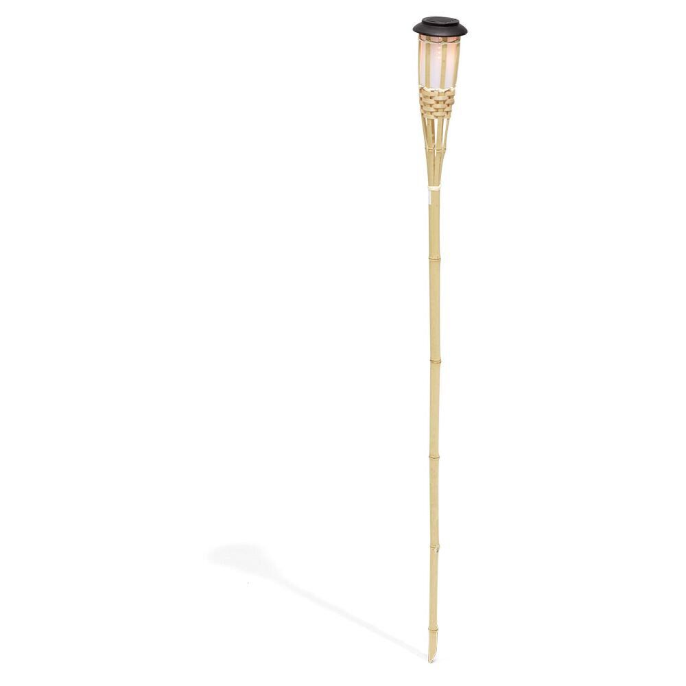 Torche solaire effet flamme 12 LED blanc chaud bambou H120cm
