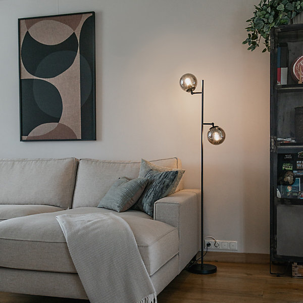 Lampadaire Art Déco noir avec verre fumé 2 lumières - Pallon