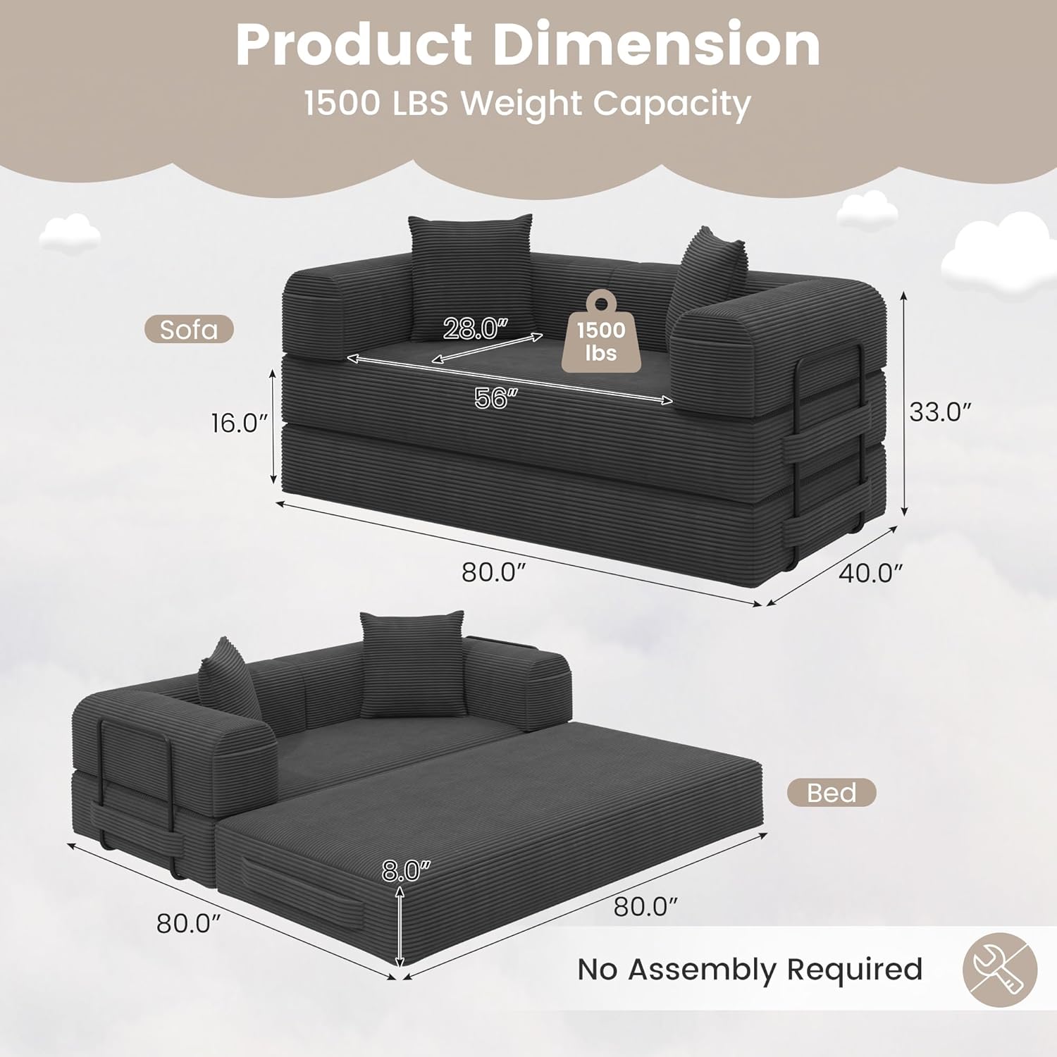 80 Convertible Sofa Bed, 5 in 1 Modular Boneless Couch Sleeper Sofa Bed with Fixed Frame & Removable Backrest Pillow, Washable Corduroy Futon Sofa Bed Couch in a Box for Small Spaces, Dark Grey