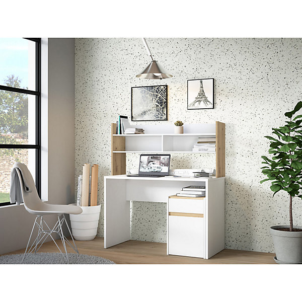 Bureau et surmeuble 110 cm blanc mat et décor bois de chêne - ODYSSéE