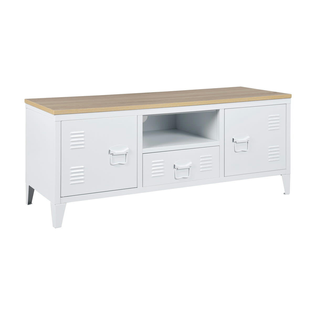 - Meuble TV Blanc 120x40x48 cm Fer et Bois Massif Sapin