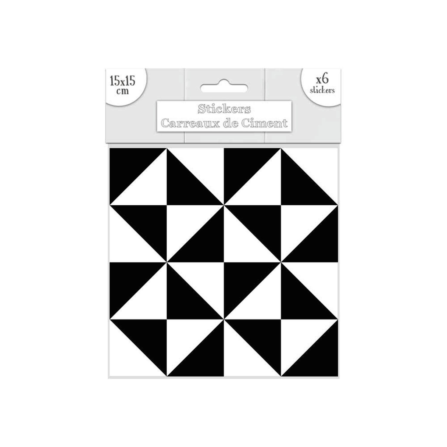 - 6 stickers carreaux de ciment 15 x 15 cm triangles noirs et blancs