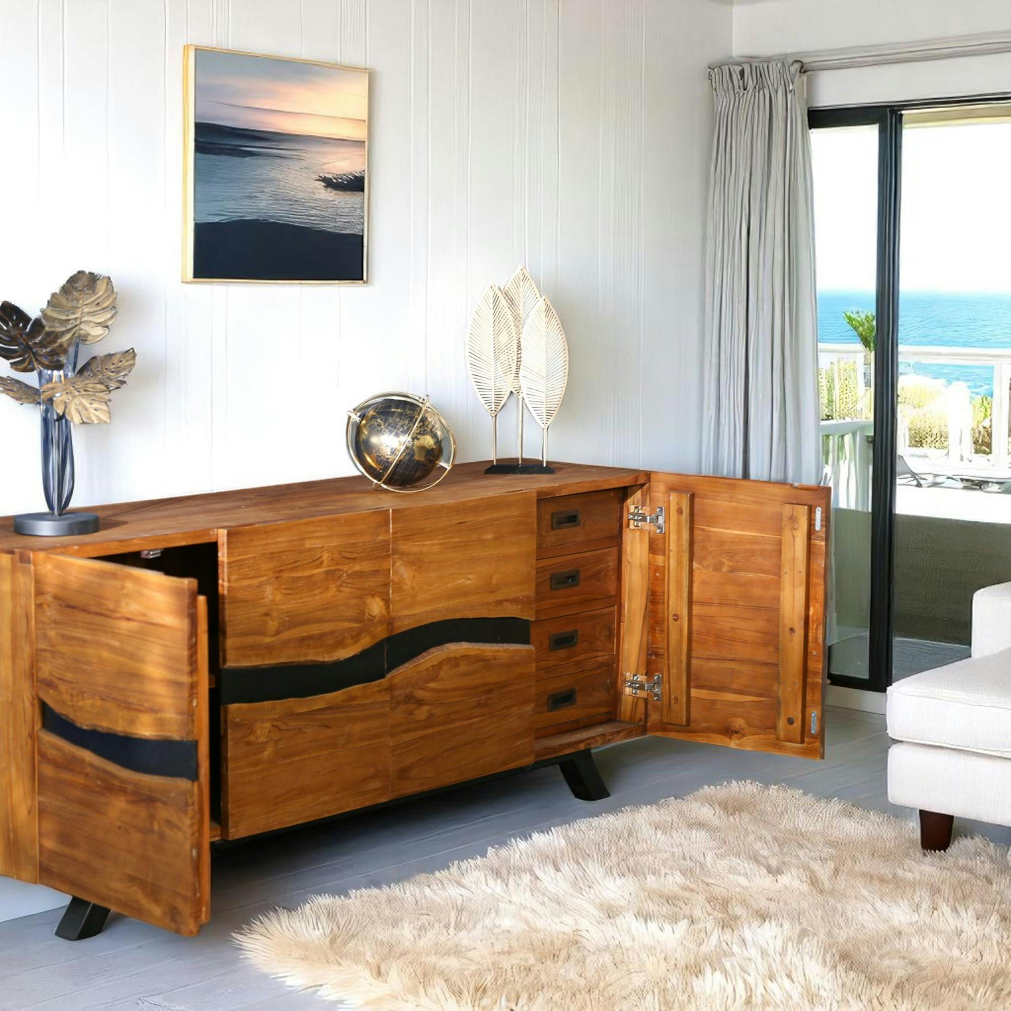 Buffet moderne bois recyclé teck laque noire 200 cm BARBADE